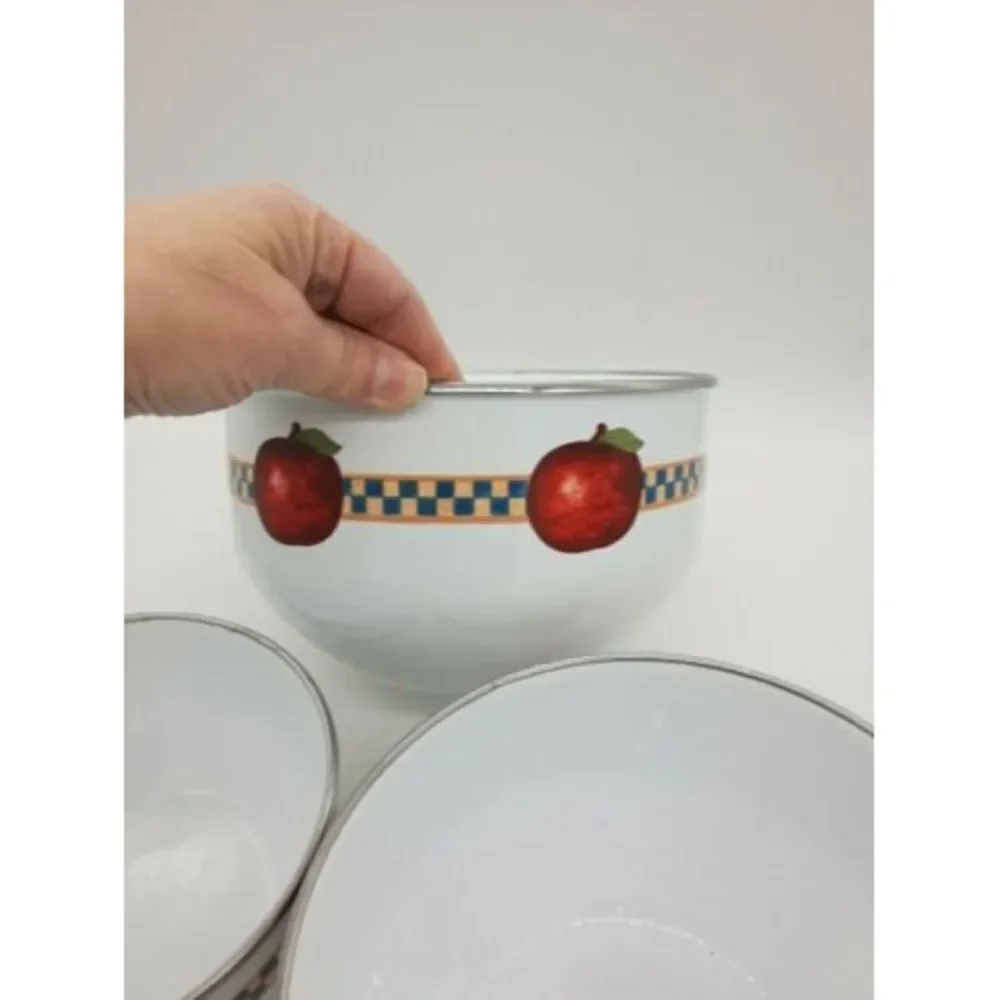 Set of 3 Retro Enamel Metal Nesting Bowls - Fruit Apples Checkered 🍎🍏